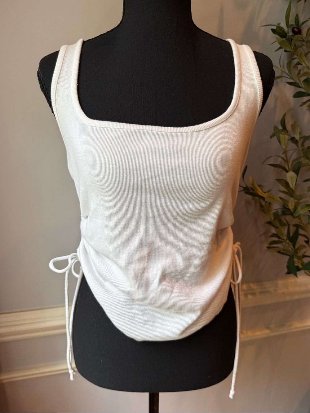 Pilcro Ribbed Side Ruched Tank Top White Adjustable Drawstring S